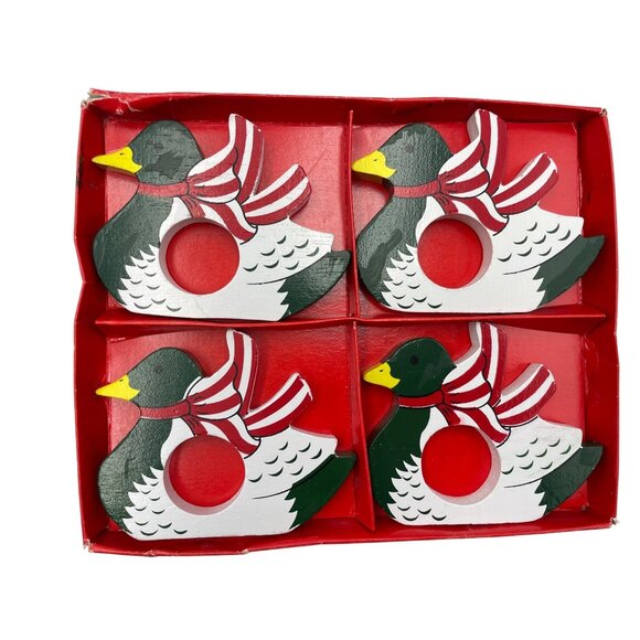 Set Of 4 Vintage Wooden Duck Napkin Rings With Red White Striped Scarves - Picture 3 of 11